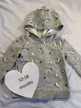 12-18M GAP Grey Hoodie with Ice Skate and Heart Print